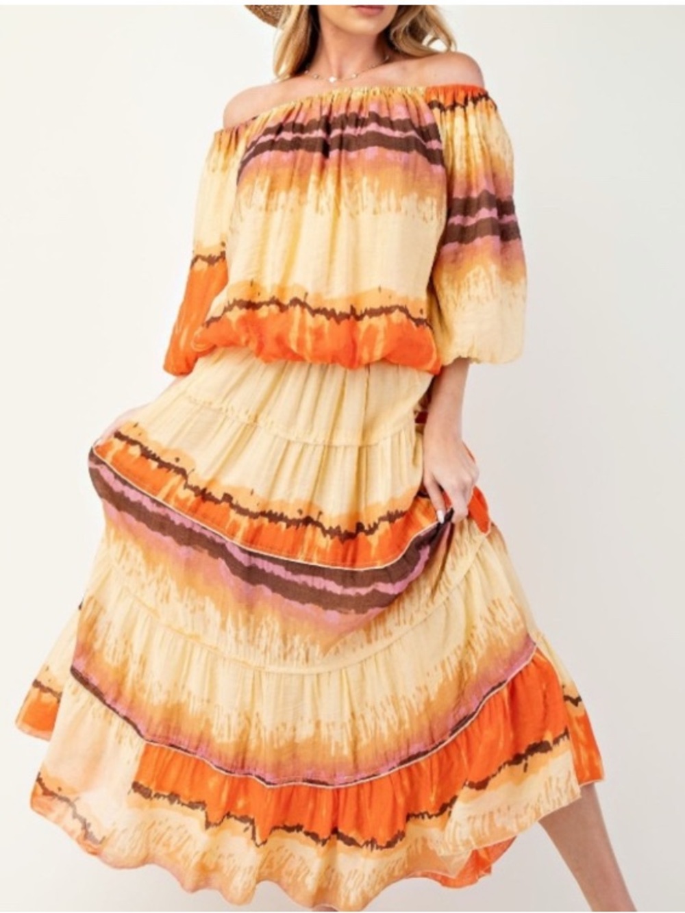 Easel Tie-Dye Maxi Skirt and Top in Orange and Cream 2 piece set